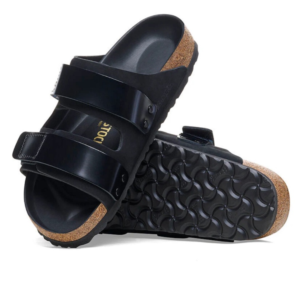 Birkenstock Uji Nubuck shine Leather straps adjustable slide sandals in black